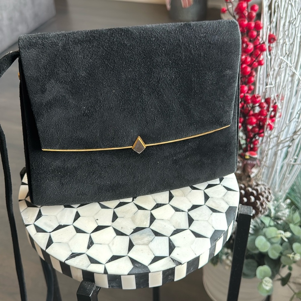 Cocktail Shoulder Bag. Black Genuine Suede and Leather.